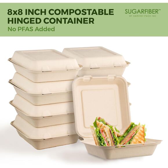 50 Pack 8x8 Compostable Clamshell Food Containers PFAS Free Bagasse Hinged Box - Picture 4 of 10
